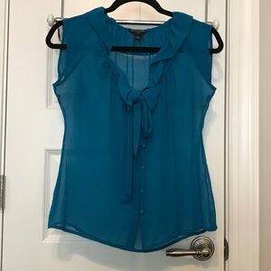 Banana Republic transparent teal sleeveless blouse, ruffled bow neckline (PS)